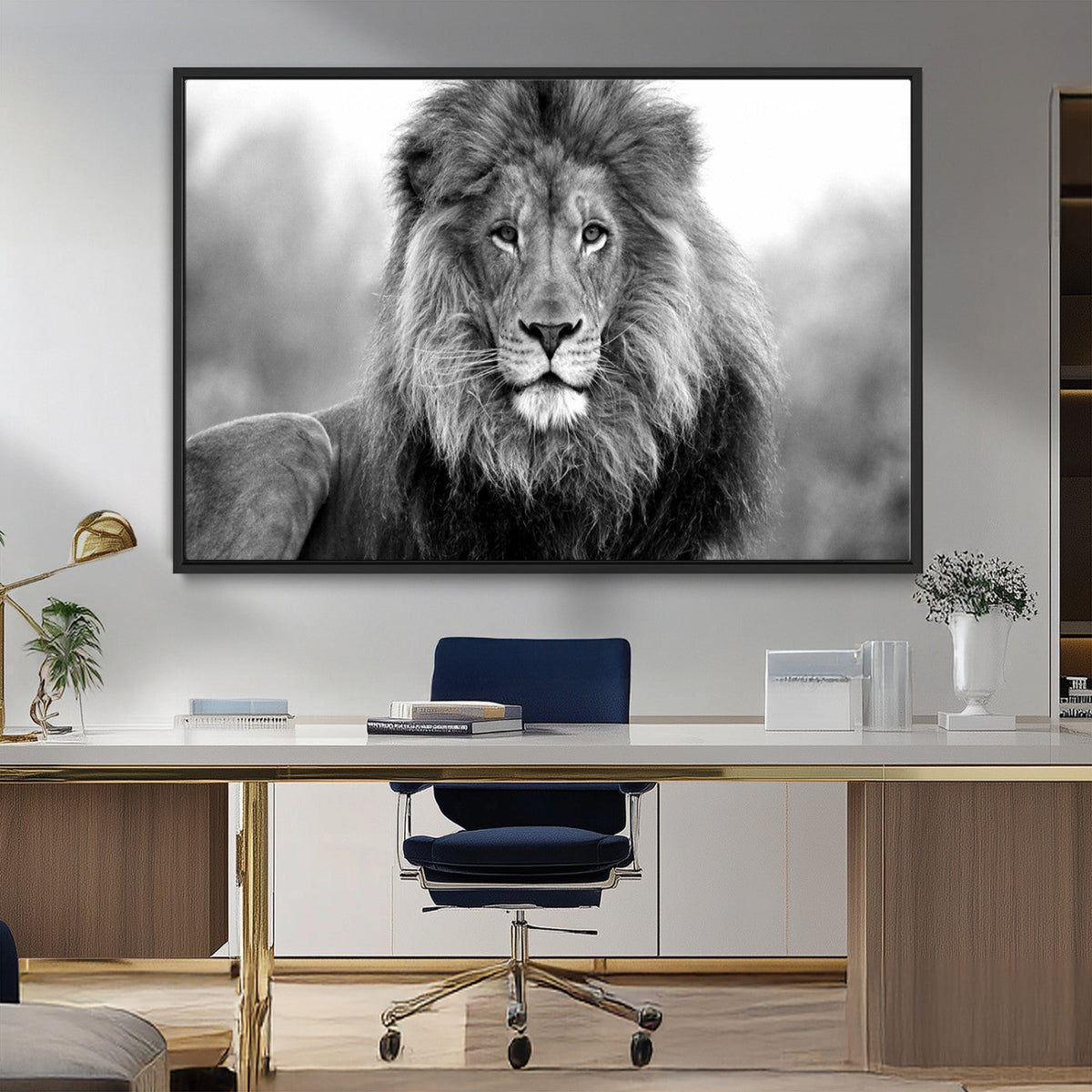 Black and White Lion Canvas Wall Art – Animal Print Artwork