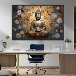 Golden Buddha Wall Art Canvas Print | Zen Meditation Floral