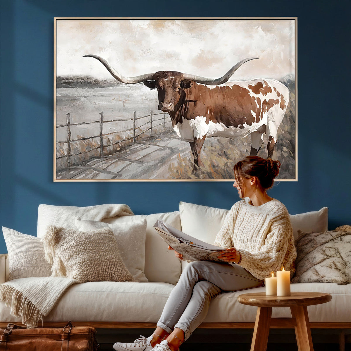 Vintage Texas Cow Wall Art Canvas Print, Rustic Longhorn