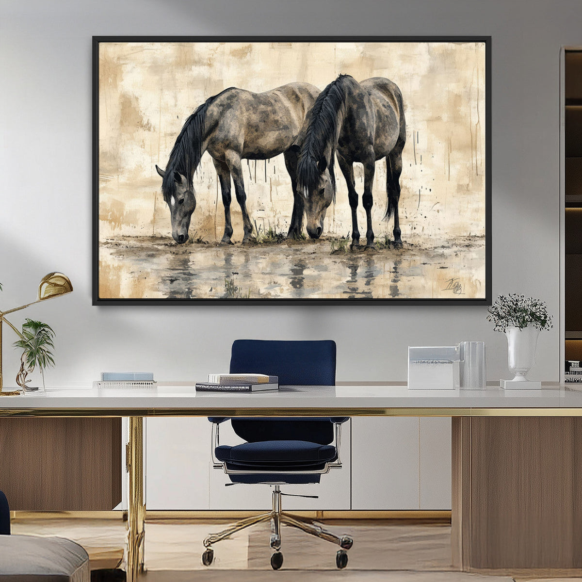 Chinese Style Abstract Black Horses Wall Art Canvas Print -