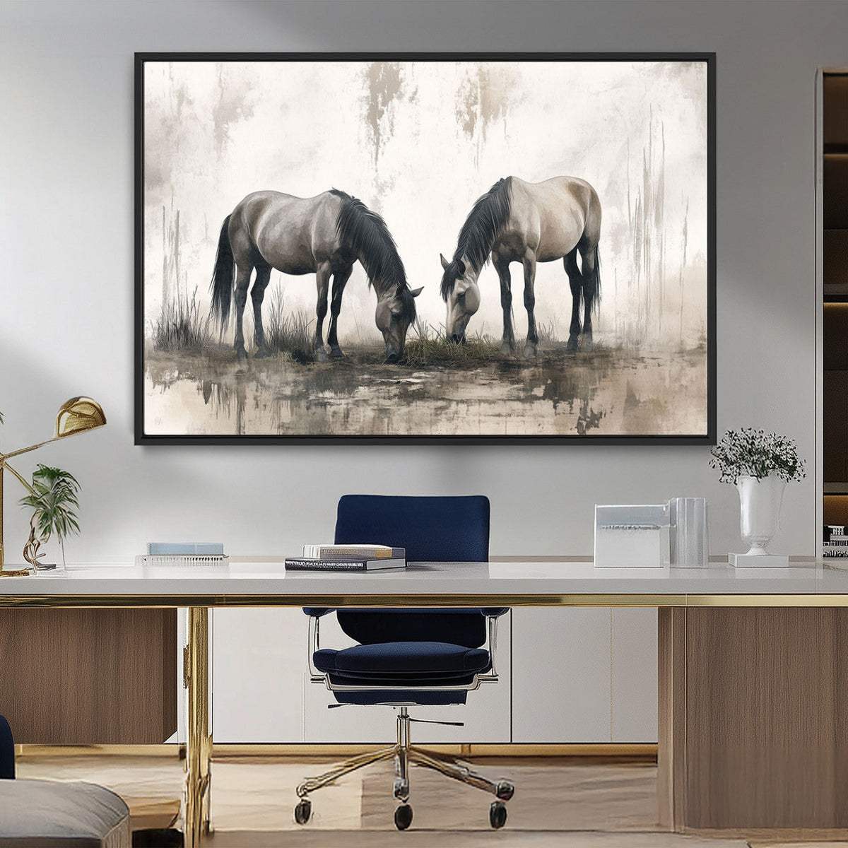 Chines Ink Style Vintage Horses Wall Art Canvas Print for
