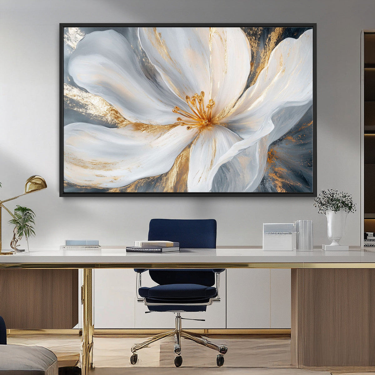White and Gold Floral Canvas Wall Art - Framed and Ready to