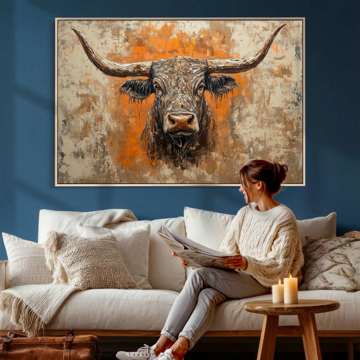 Abstract Cow Longhorn Bull Wall Art Canvas Print - Rustic
