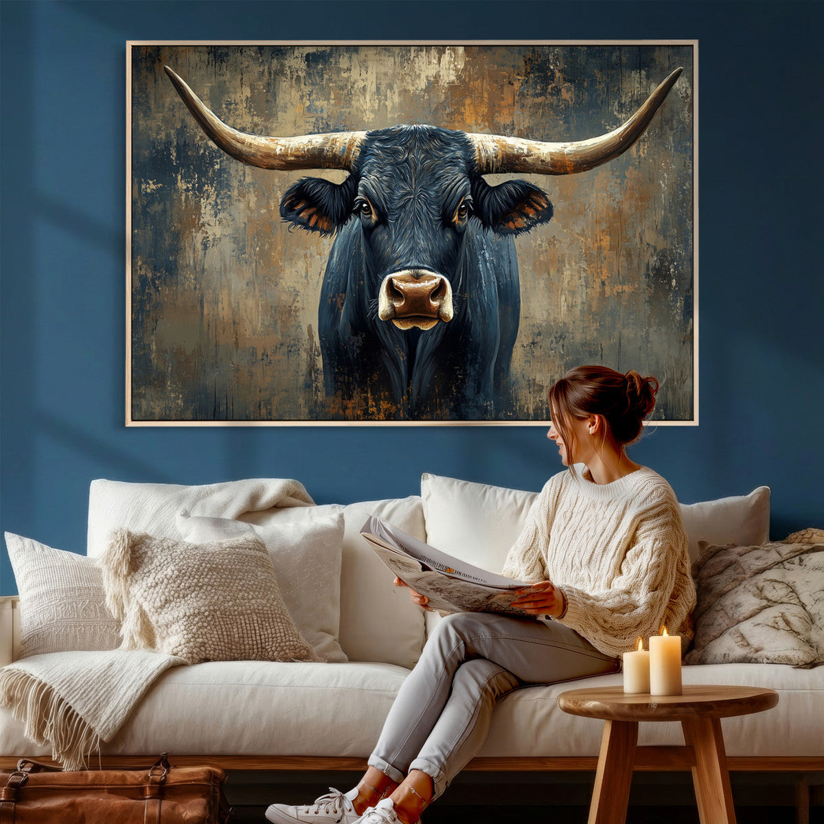 Texas Western Wall Art Canvas Print - Abstract Cow Longhorn