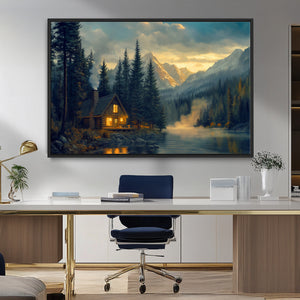 Mountain Cabin by the Lake at Sunset Wall Art - Serene