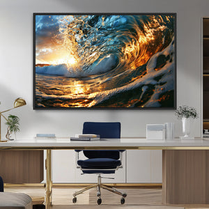 Ocean Wave at Sunset Canvas Wall Art – Vibrant Coastal Beach