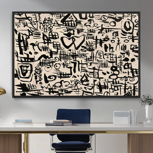 Abstract Love and Chaos Canvas Print, Black Symbols on Beige