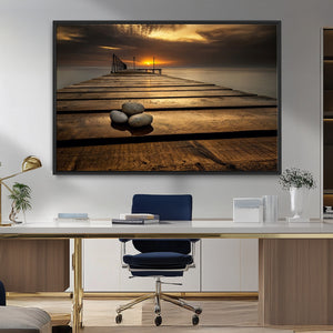 Stones on Wooden Pier at Sunset Canvas Print, Serene Coastal