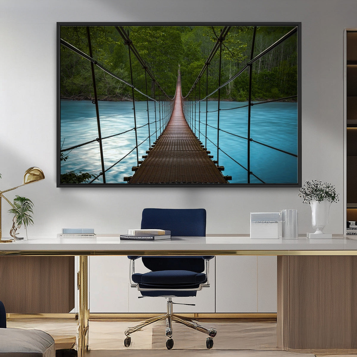 Suspension Bridge Over River Canvas Art | 3-Panel Nature
