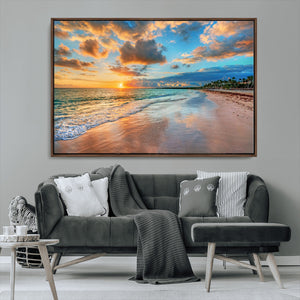 Sunset Ocean Waves on Tropical Beach, 3-Panel Giclee Canvas
