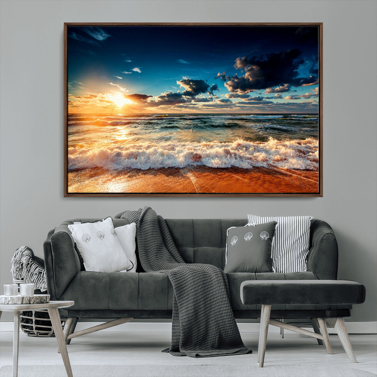 Golden Hour Sunset Over Ocean Waves Wall Art Canvas Print |