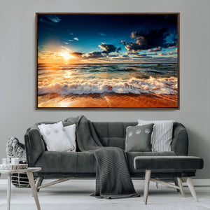 Golden Hour Sunset Over Ocean Waves Wall Art Canvas Print |