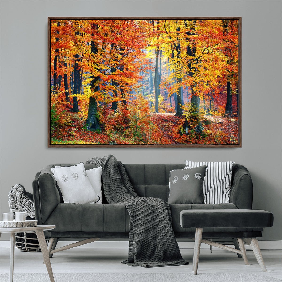 Autumn Red Forest Triptych Canvas Wall Art Print, Forest