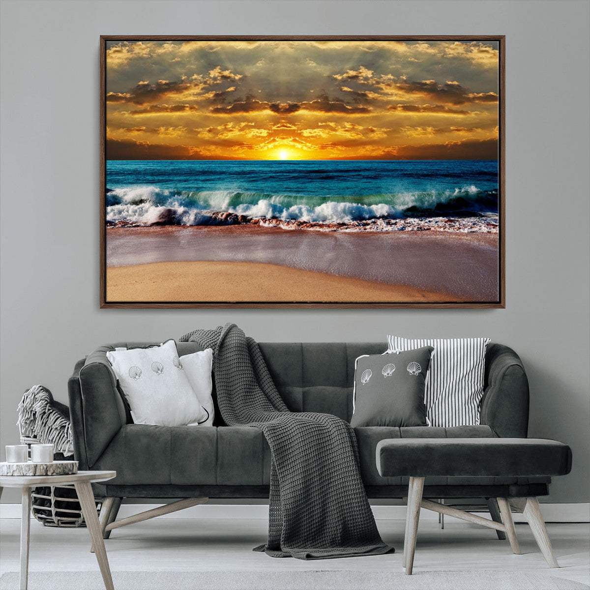 Ocean Sunrise Over Golden Beach Waves, Giclee Canvas Wall