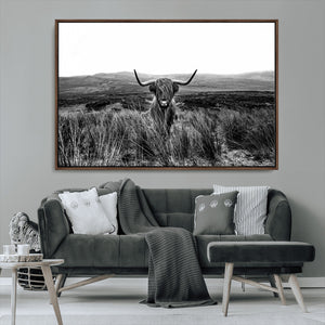 Black and White Highland Cow Canvas Wall Art, Longhorn