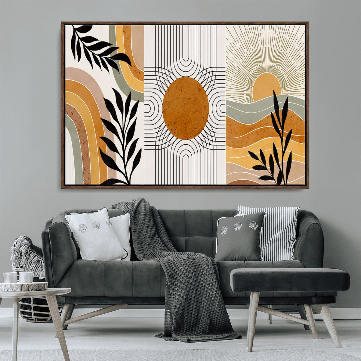 Modern Boho Sun and Leaf Abstract Art – 3-Panel Giclée