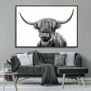 Grayscale Scottish Highland Cow Cattle Art Print Farmhouse