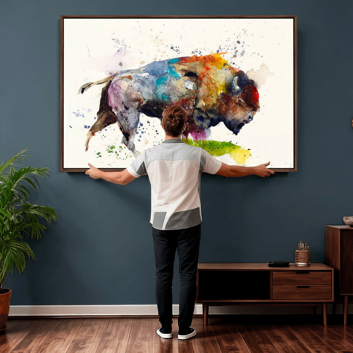 Abstract Buffalo Wall Art, Western Watercolor Bison Canvas