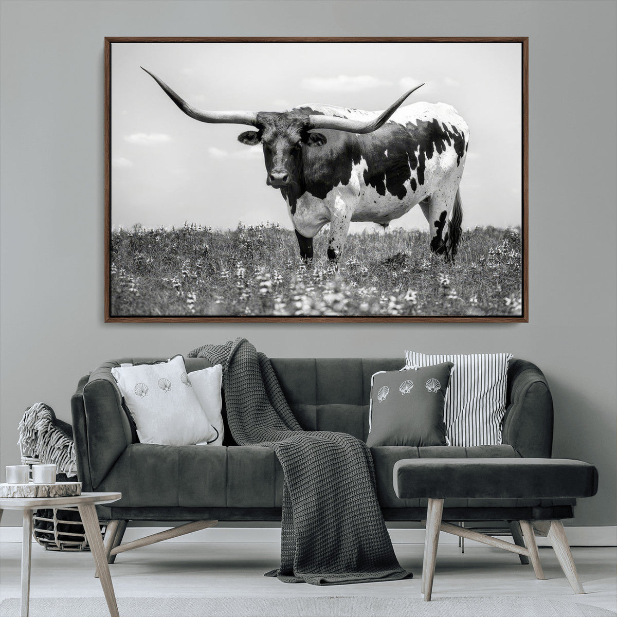 Texas Black White Highland Longhorn Cow Wall Art Canvas