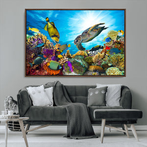 Colorful Coral Reef and Sea Life Turtle Canvas Print,