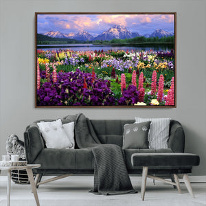 Vibrant Wildflower Garden and Mountain View Giclee Canvas