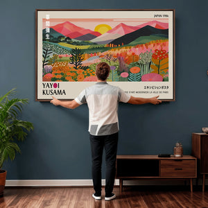 Yayoi Kusama Landscape Canvas Print, Vibrant Floral Mountain Art Print, Framed Botanical Wall Art -