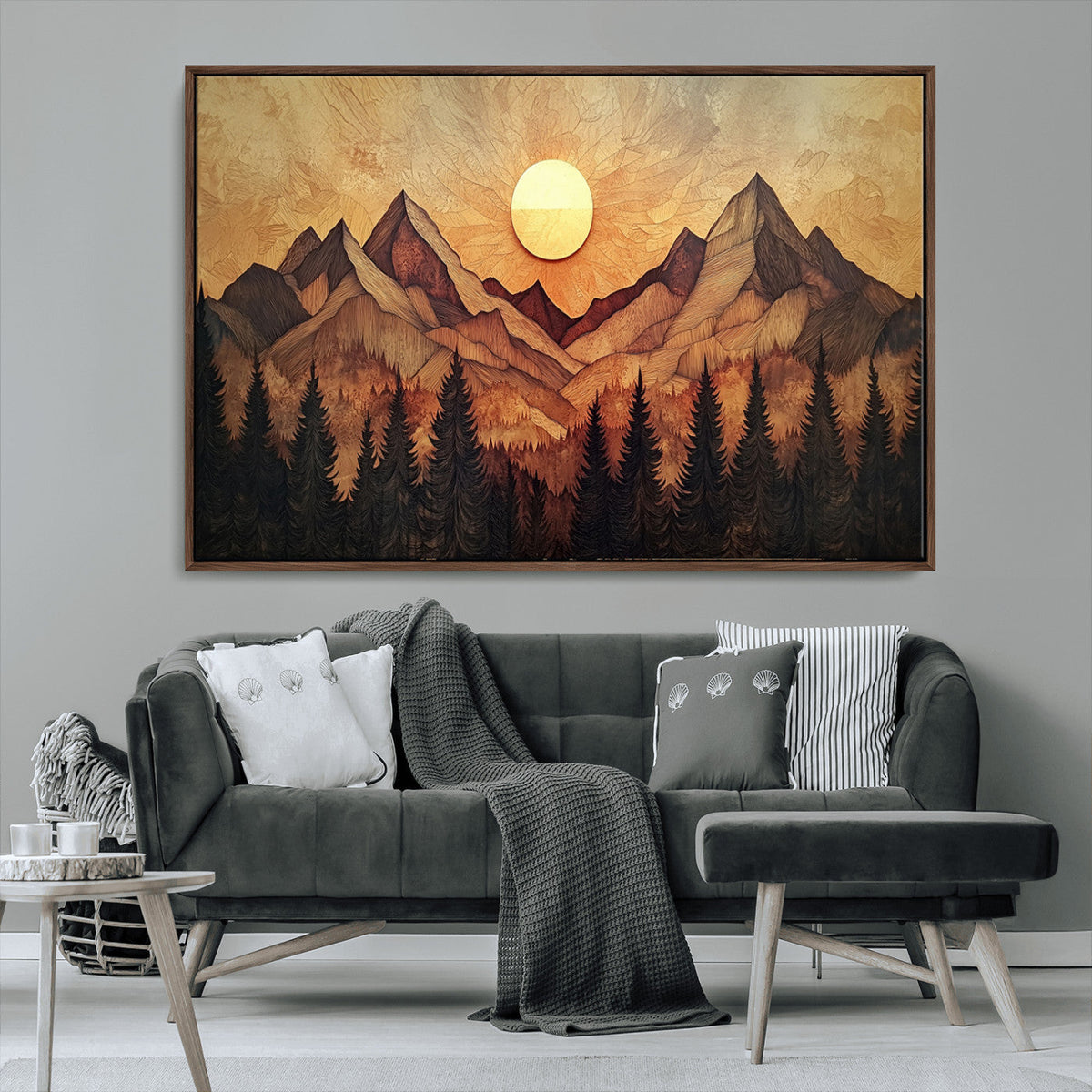Wood Style Abstract Mountain Sunset Canvas Wall Art Print -