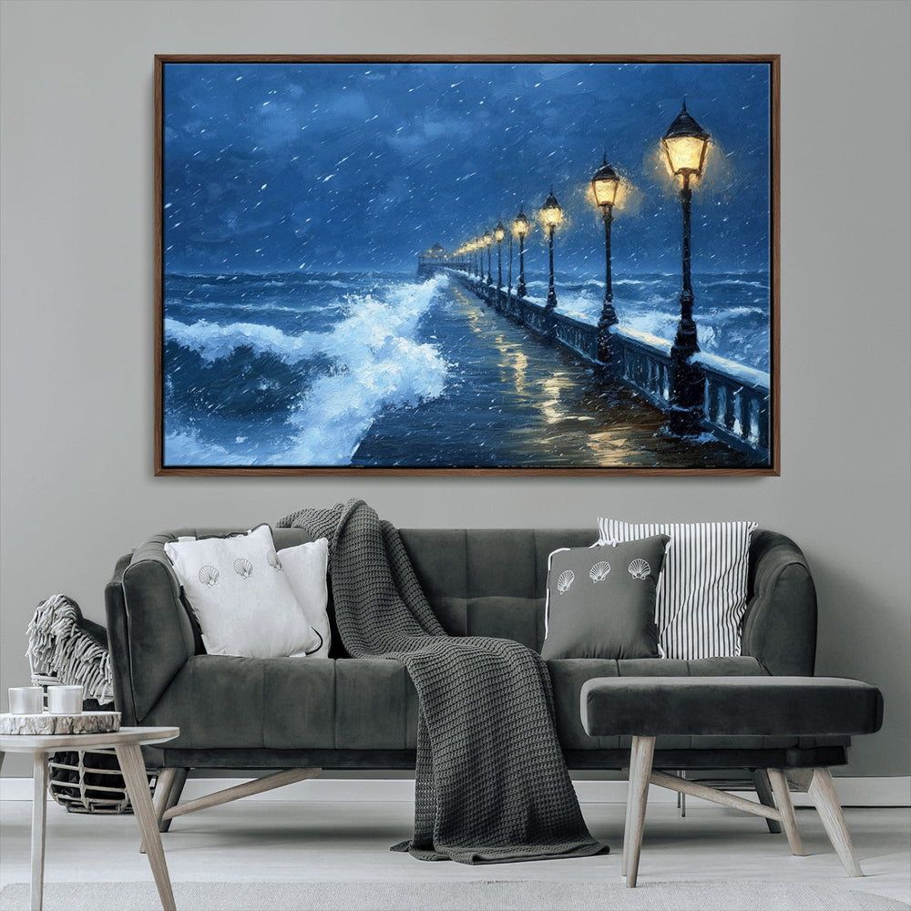 Stormy Ocean Pier Lights Canvas Wall Art Print - Large Moody