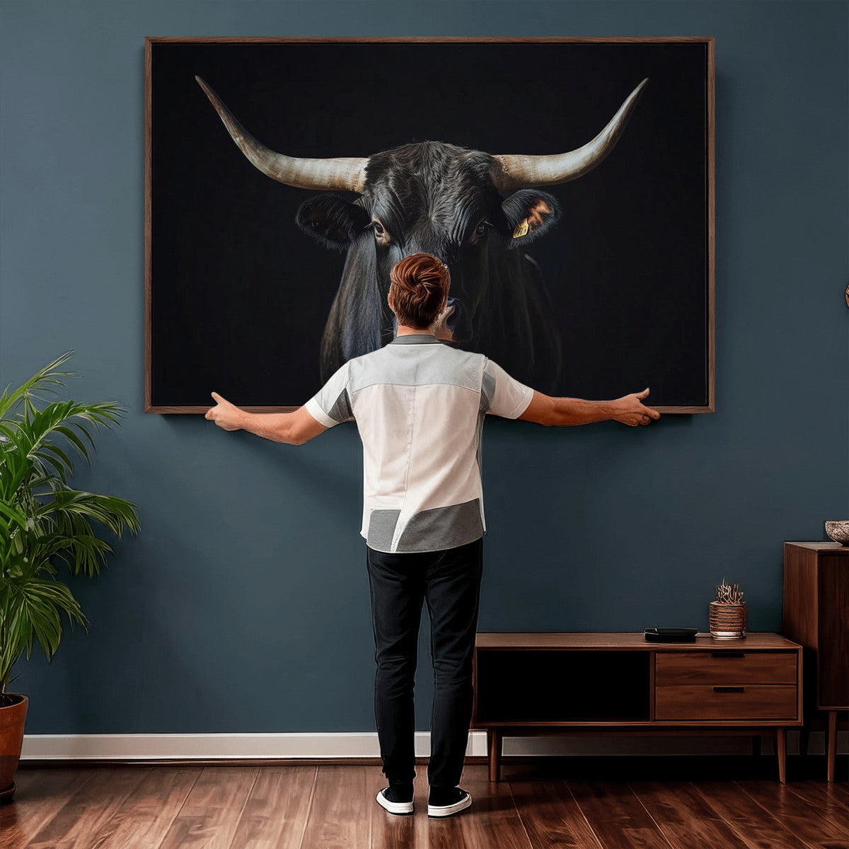 Majestic Longhorn Bull Wall Art Canvas Print – Dark