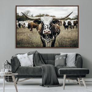 Texas Longhorn Wall Art – Framed Speckled Cow Canvas