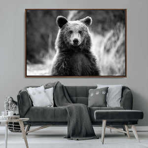 Grizzly Bear Wall Art Canvas Print – Framed Black White
