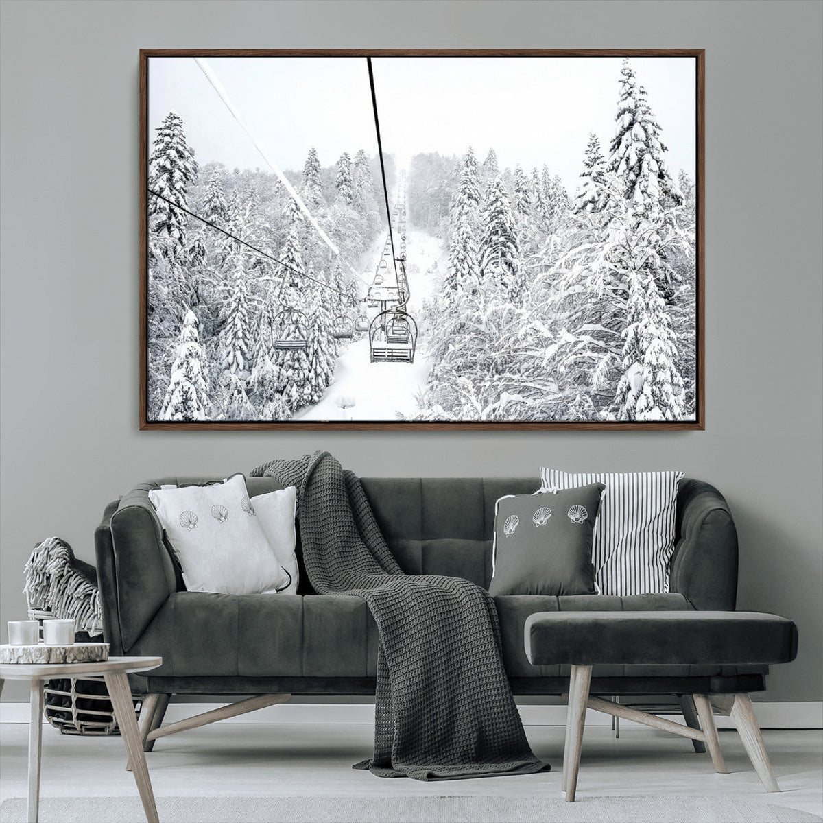 Snowy Ski Lift Wall Art – Framed Winter Mountain Canvas