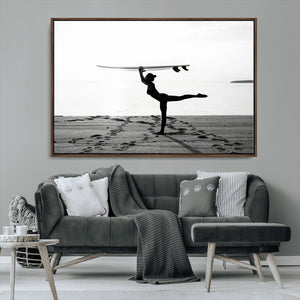 Yoga Surf Wall Art Canvas Print – Framed Black White Shore