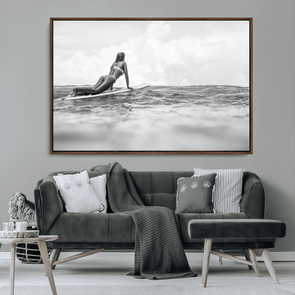 Black and White Surfing Wall Art Canvas Print – Framed Ocean