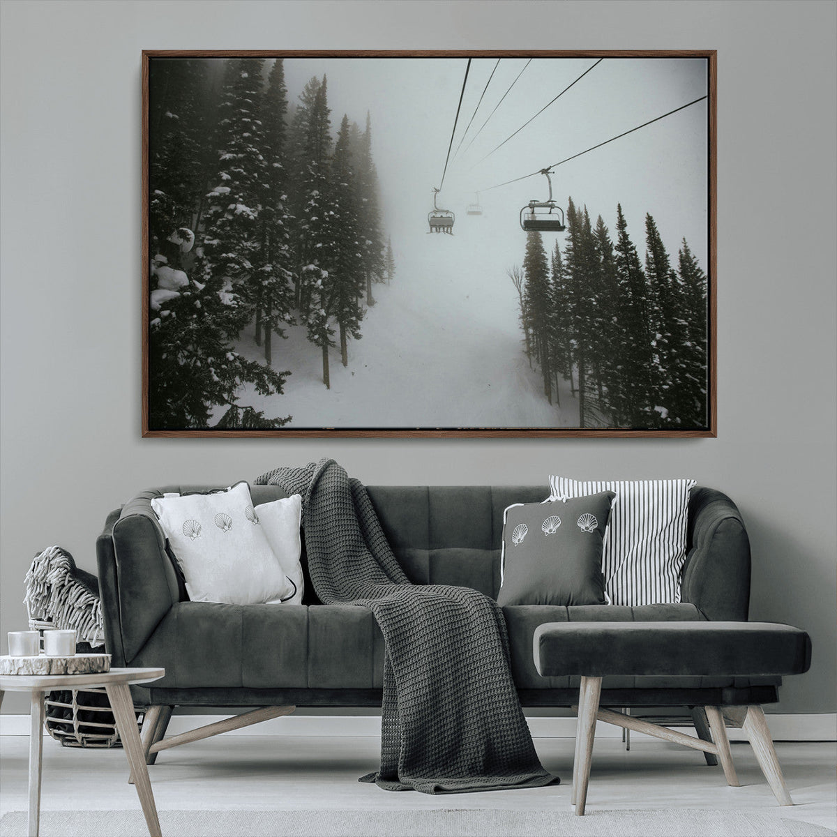 Ski Lift Wall Art Canvas Print – Snowy Pines Misty Landscape