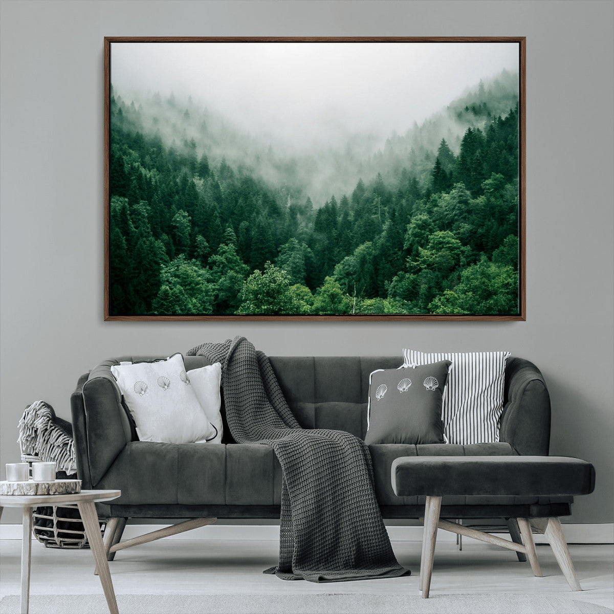 Misty Green Forest Canvas Print – Framed Serene Foggy Pine