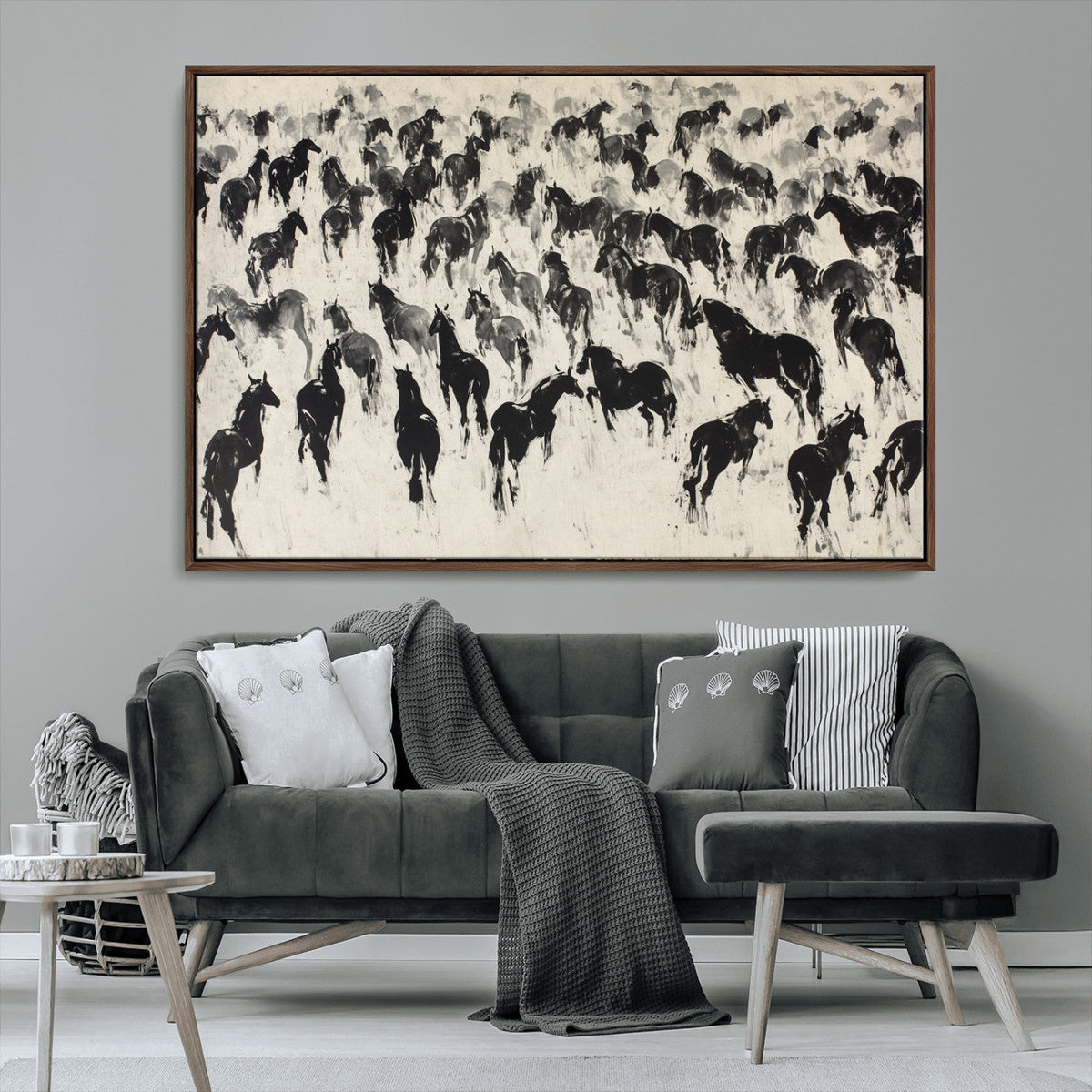 Wild Horse Stampede Wall Art Canvas Print – Monochrome