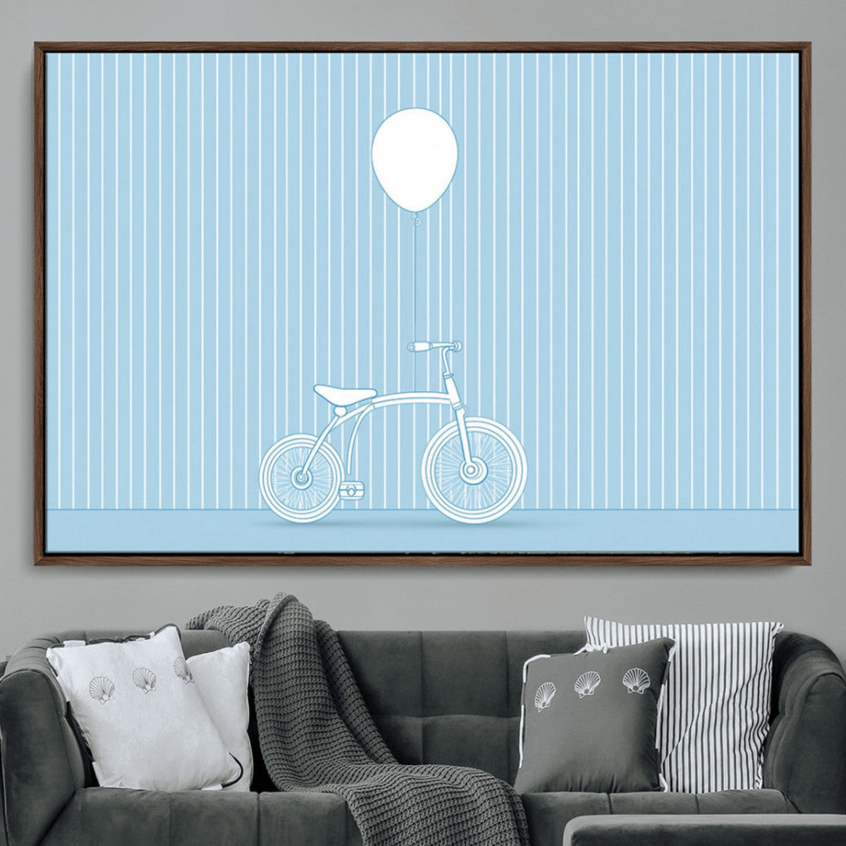 Minimalist Bicycle Balloon Canvas Wall Art – Playful Blue