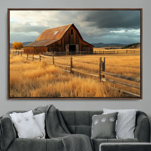 Golden Sunset Barn Wall Art Canvas Print, Rustic Autumn Farm