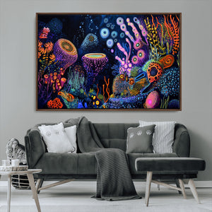 Vibrant Neon Coral Reef Wall Art Canvas Print, Colorful