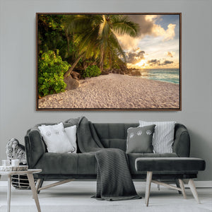 Tropical beach sunset, palm trees, white sand, ocean waves,