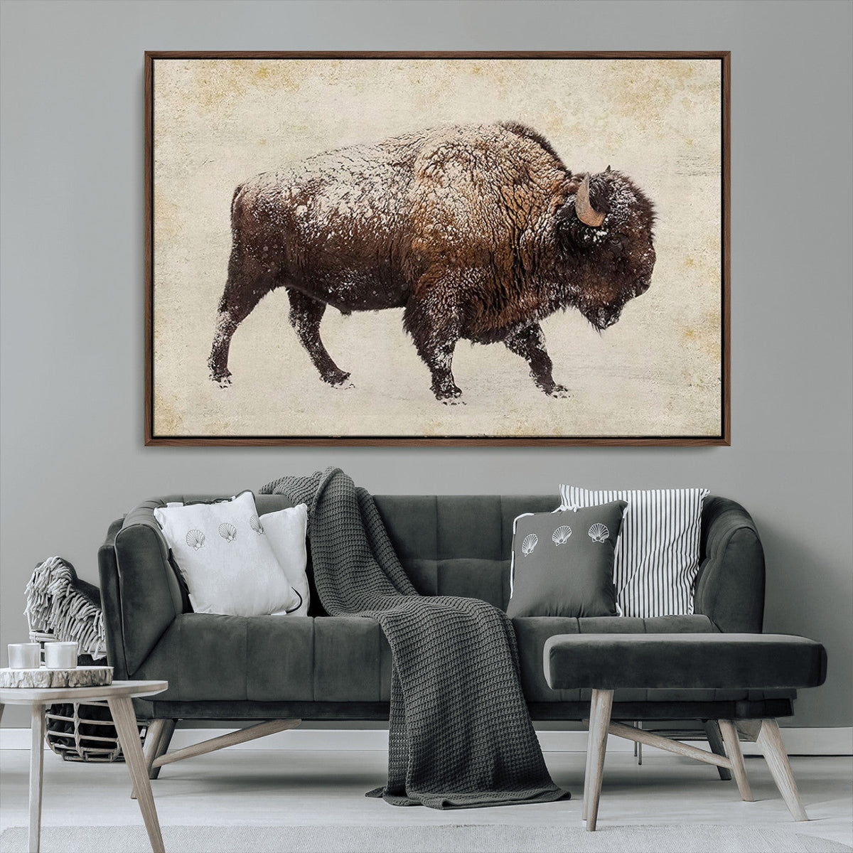 Snow-dusted bison silhouette textured vintage style rugged