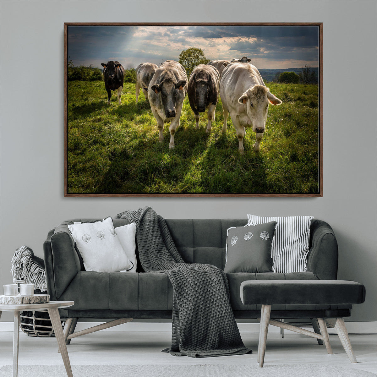 Grazing Cattle Herd Wall Art, Green Pasture Livestock Canvas