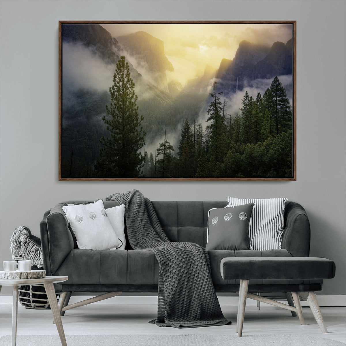 Misty Mountain Valley Wall Art Canvas Print, Golden Sunrise