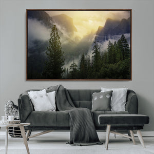 Misty Mountain Valley Wall Art Canvas Print, Golden Sunrise