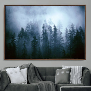 Foggy Evergreen Pines Wall Art – Mist Forest Blue Haze Moody