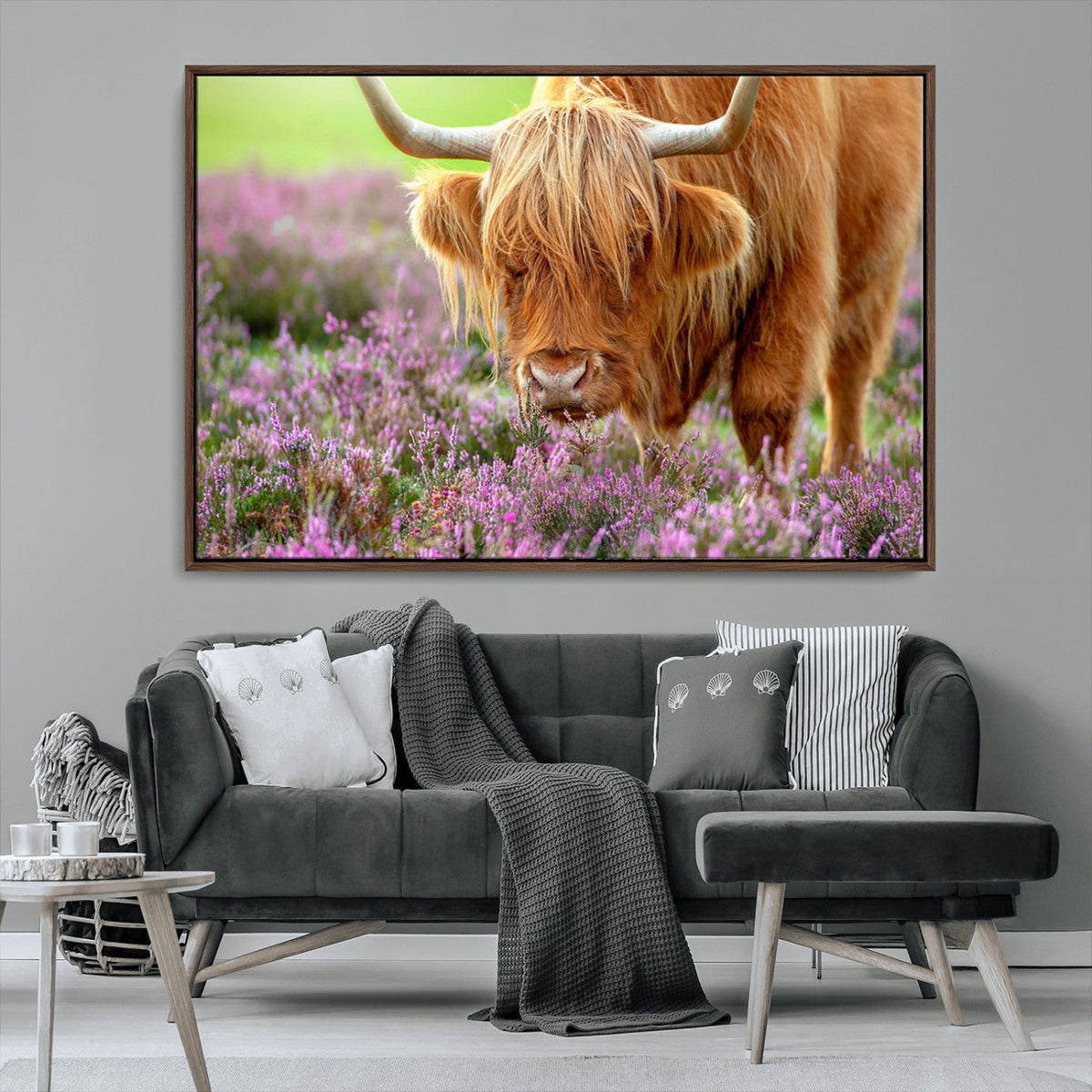 Highland Cow Wall Art – Purple Flowers Pasture Scenic