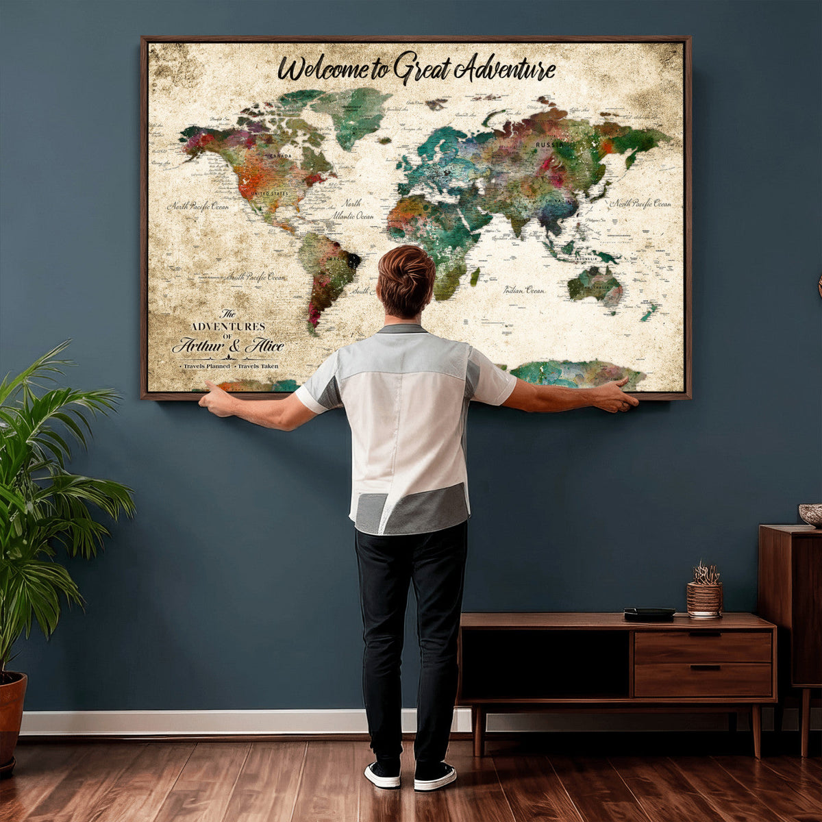 Grunge Personalized World Map Wall Art Canvas Print – Custom