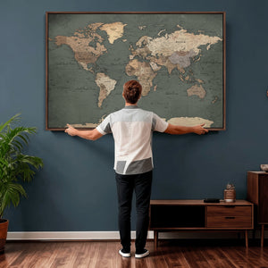 Rustic Black and Wood World Map Canvas Wall Art – Framed