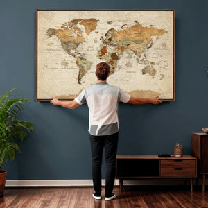 Rustic Vintage World Map Canvas Print – Framed Modern